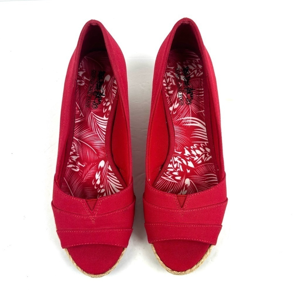 Coach and Four Louise Espadrille Wedge 7 Red Canvas Peep Toe Shoe Womens